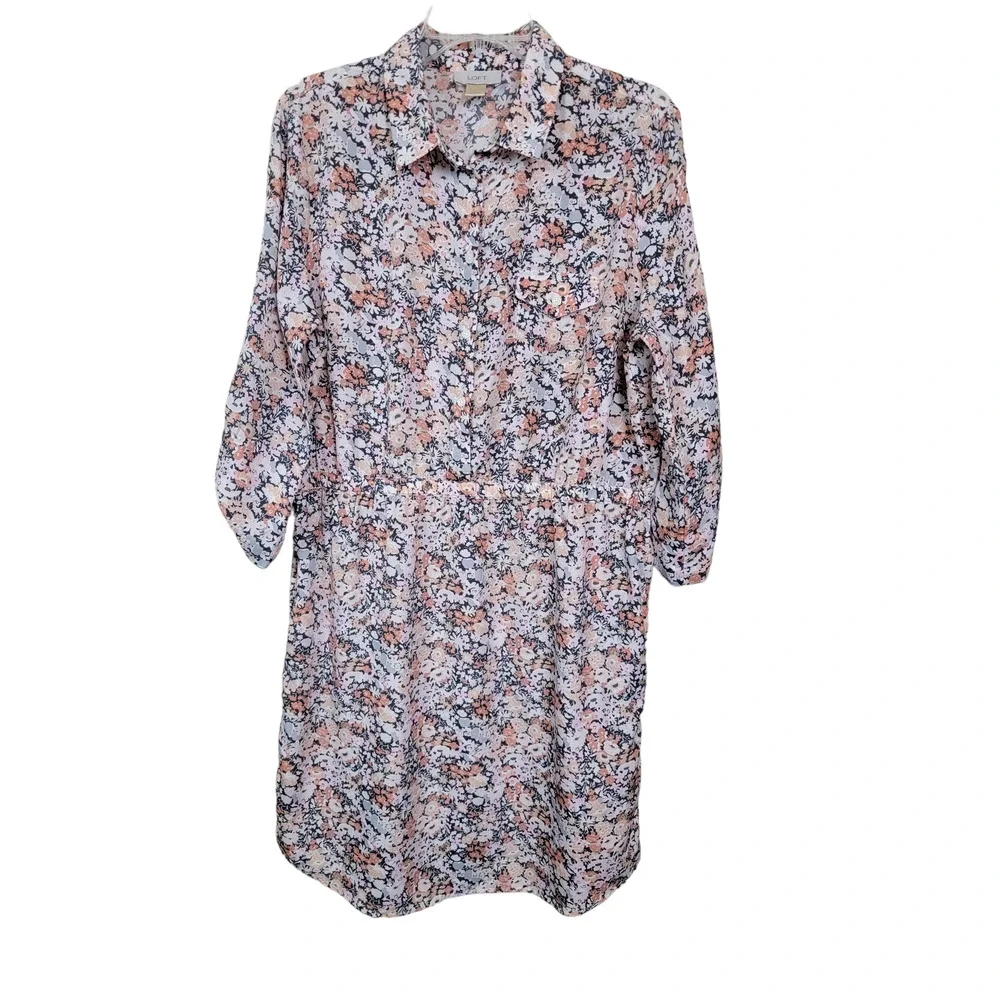 Ann Taylor Loft Women's Dress Collared 3/4 Roll-Tab Sleeves Size Large Floral - Picture 1 of 8